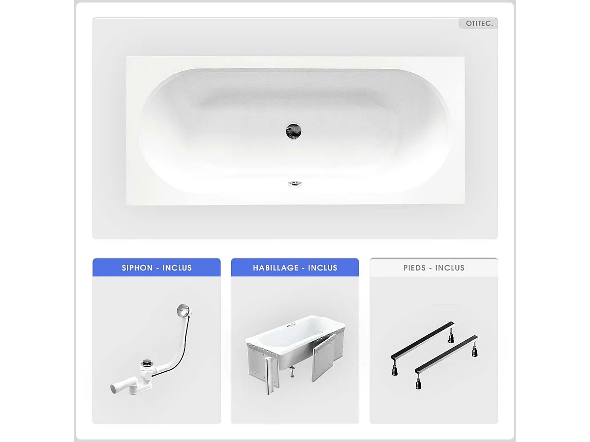 Baignoire rectangulaire - 160 x 75 cm - avec Habillage (4 cm) - Pieds - Vidage Chrome - VITAE SLIM