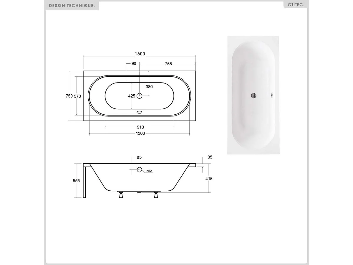 Baignoire rectangulaire - 160 x 75 cm - avec Habillage (4 cm) - Pieds - Vidage Chrome - VITAE SLIM