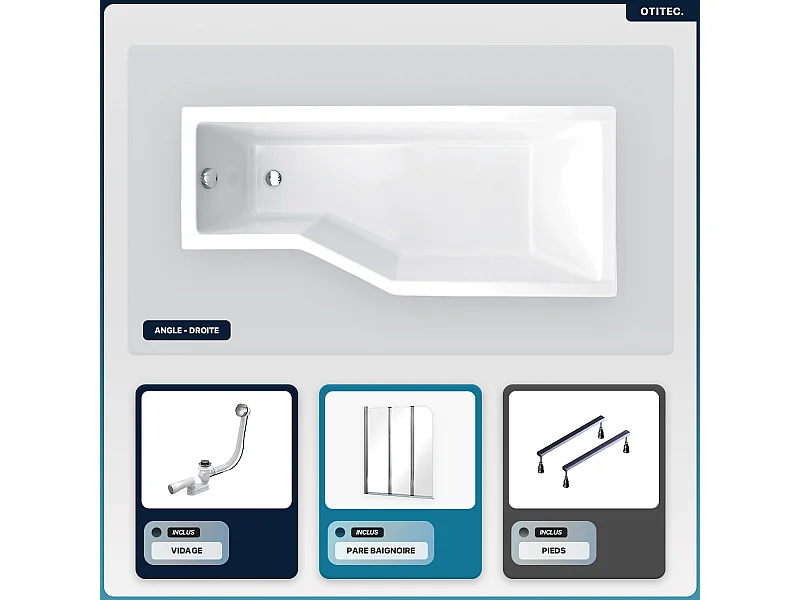 Baignoire asymétrique - 150 x 75 cm - Droite - sans Habillage - avec Pieds - Pare Baignoire 3 Volets - Vidage Chrome - INTEGRA