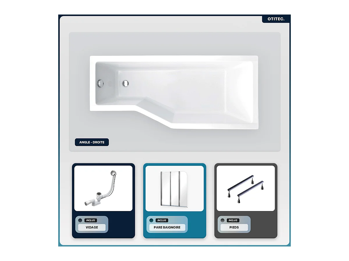 Baignoire asymétrique - 150 x 75 cm - Droite - sans Habillage - avec Pieds - Pare Baignoire 3 Volets - Vidage Chrome - INTEGRA