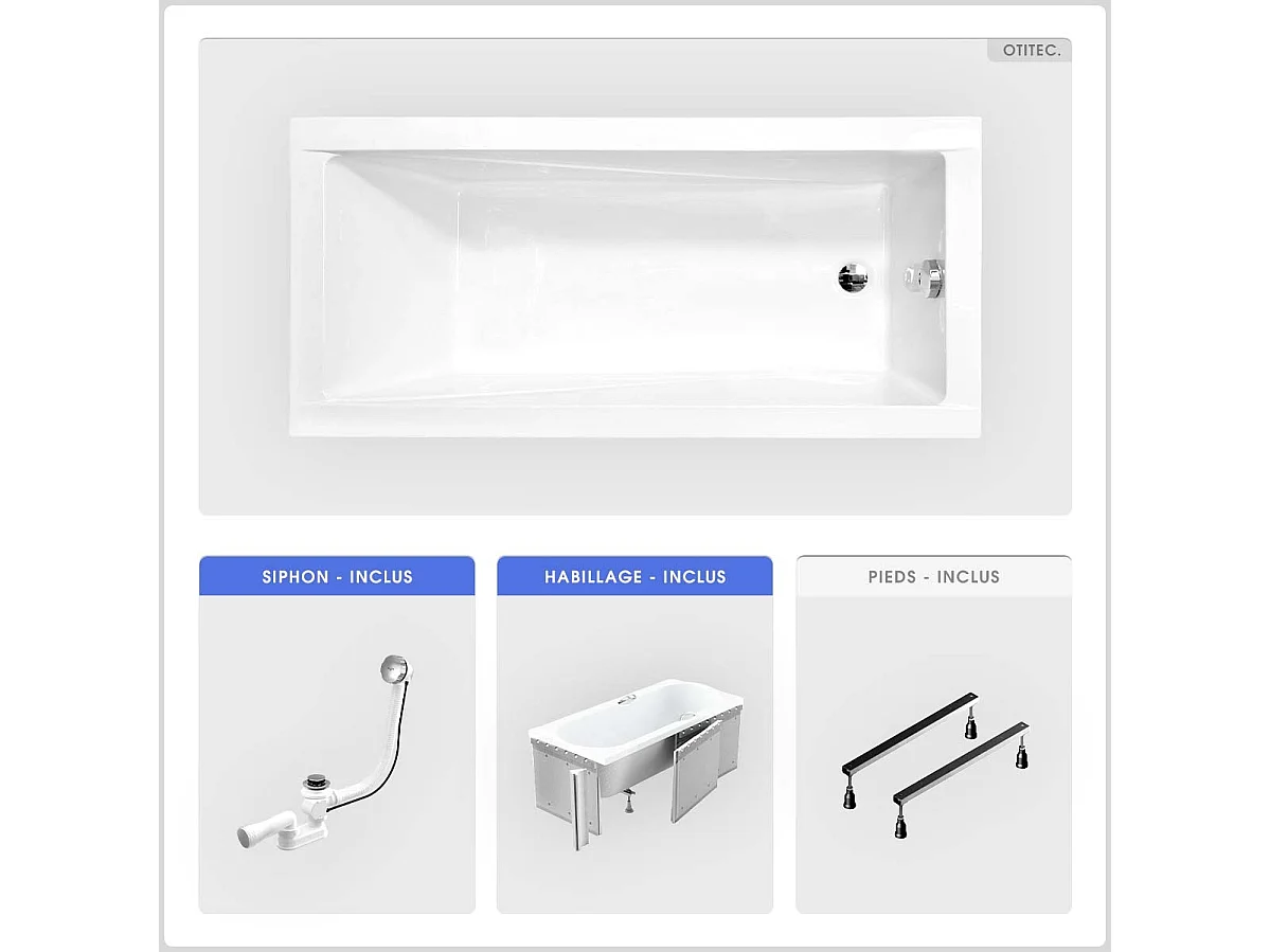 Baignoire rectangulaire - 150 x 70 cm - avec Habillage (4 cm) - Pieds - Vidage Chrome - MODERN SLIM