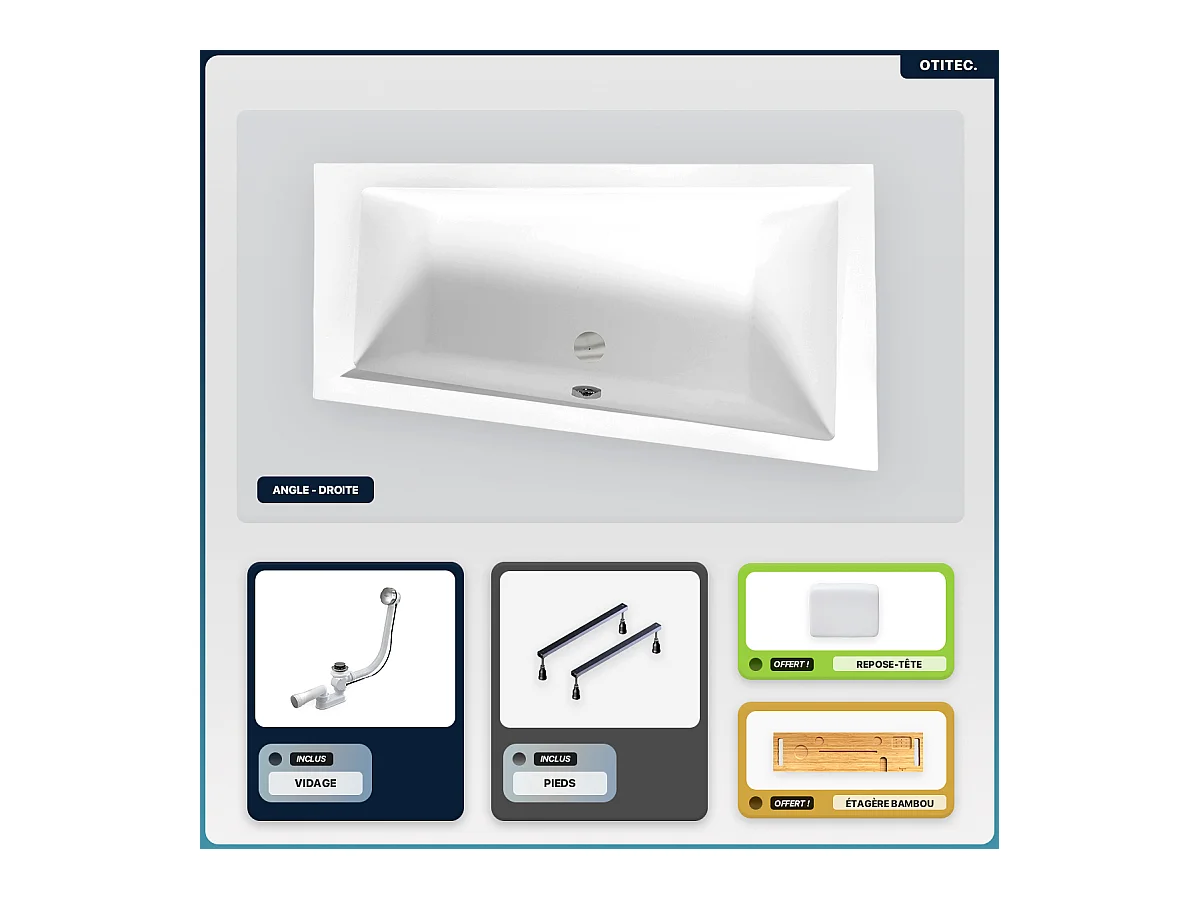 Baignoire asymétrique - 160 x 90 cm - Droite - sans Habillage - avec Pieds - Repose-tête - Étagère bambou - Vidage Chrome - INTIMA