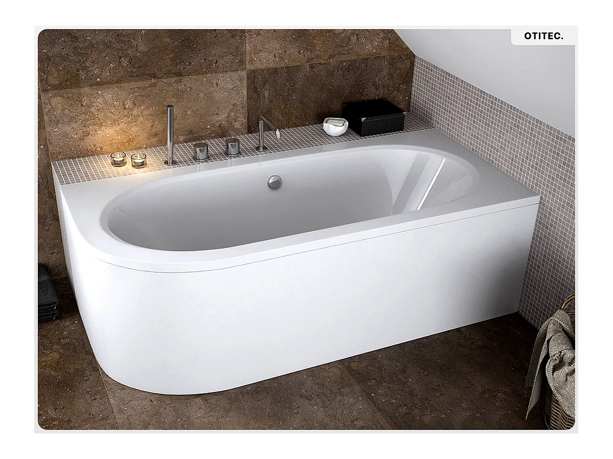 Baignoire asymétrique - 160 x 75 cm - Droite - sans Habillage - avec Pieds - Étagère bambou - Vidage Chrome - AVITA