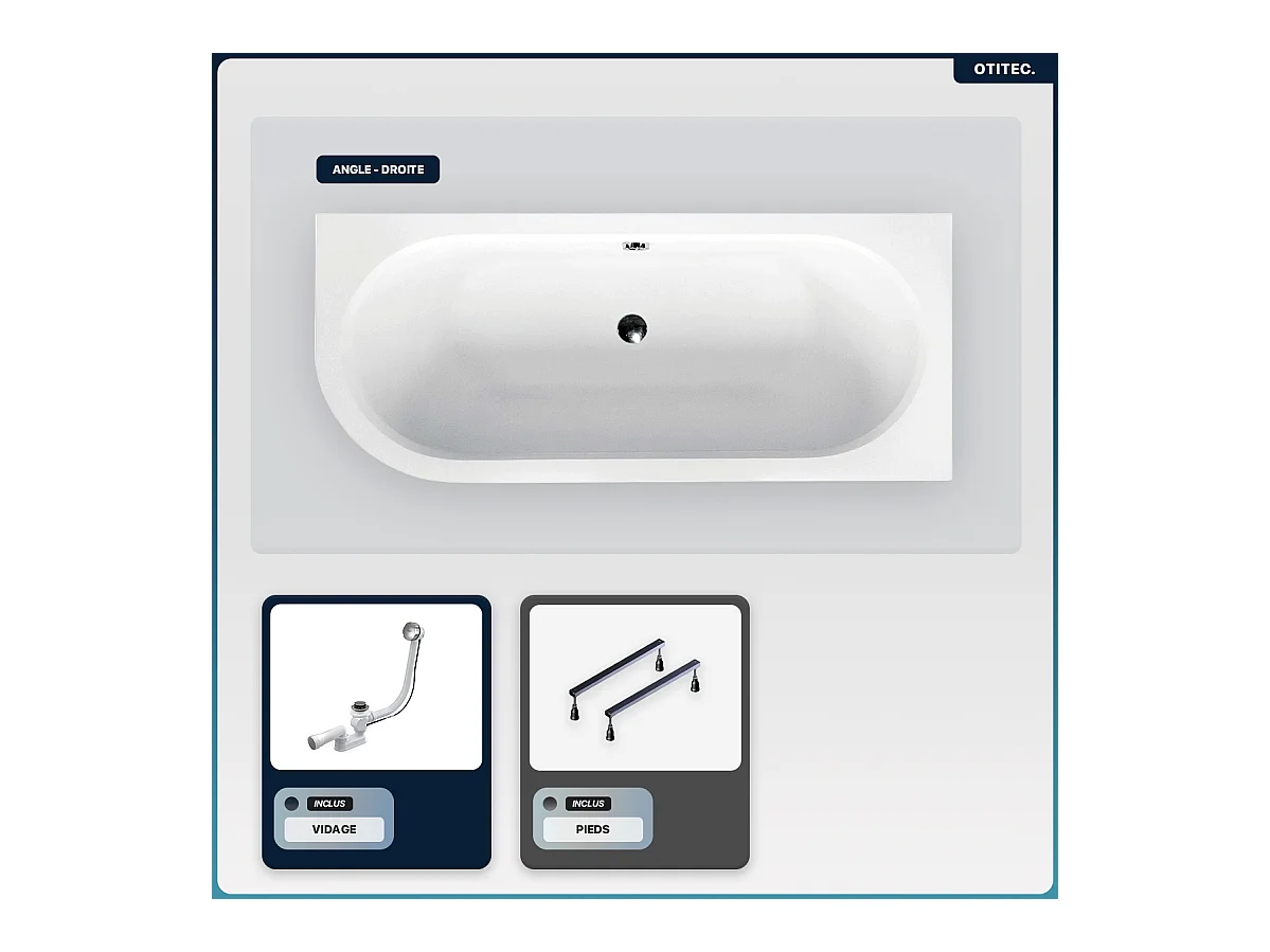 Baignoire asymétrique - 160 x 75 cm - Droite - sans Habillage - avec Pieds - Vidage Chrome - AVITA SLIM