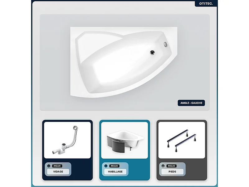 Baignoire asymétrique - 140 x 90 cm - Gauche - avec Habillage - Pieds - Vidage Chrome - RIMA