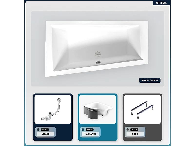 Baignoire asymétrique - 160 x 90 cm - Gauche - avec Habillage - Pieds - Vidage Chrome - INTIMA SLIM