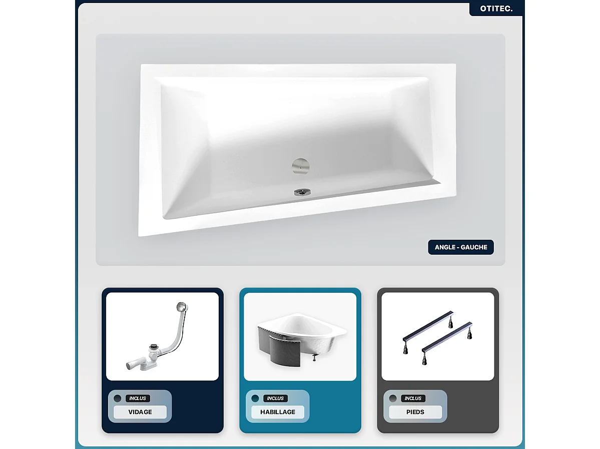 Baignoire asymétrique - 160 x 90 cm - Gauche - avec Habillage - Pieds - Vidage Chrome - INTIMA SLIM