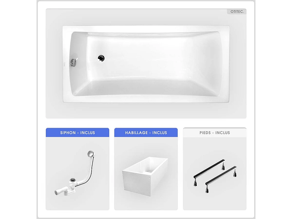 Baignoire rectangulaire - 170 x 70 cm - avec Habillage Polystyrène - Pieds - Vidage Chrome - OPTIMA