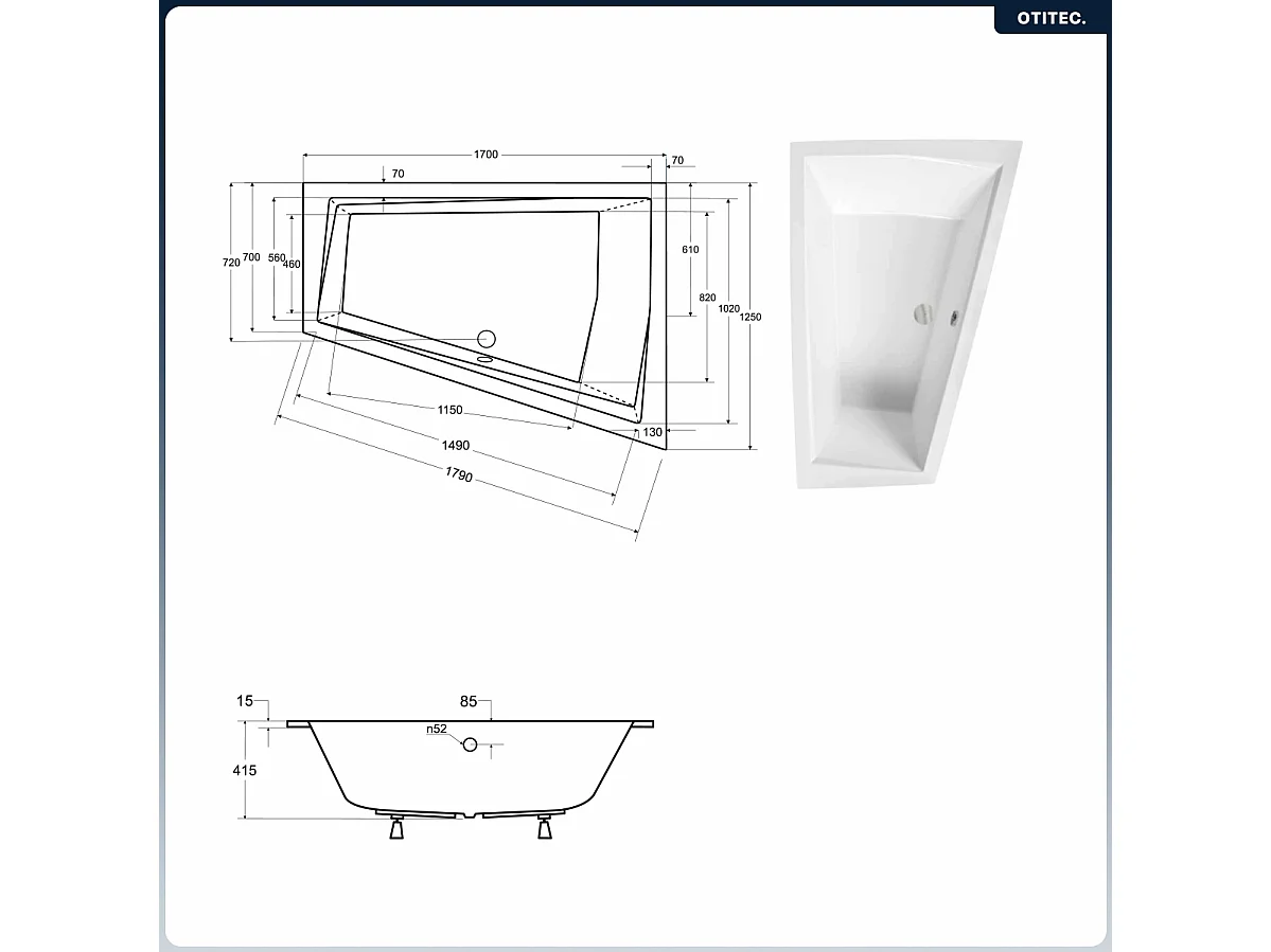 Baignoire asymétrique - 170 x 125 cm - Droite - sans Habillage - avec Pieds - Vidage Chrome - INTIMA DUO SLIM
