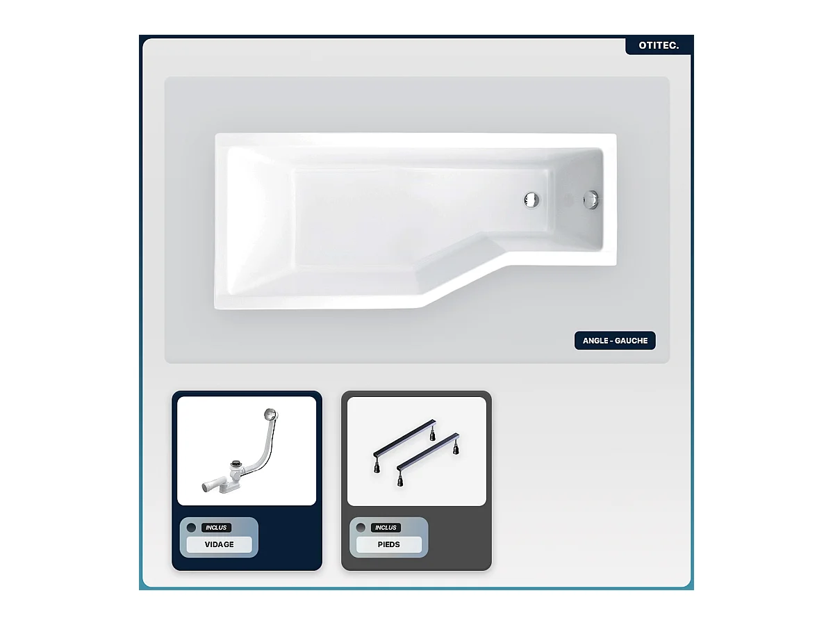 Baignoire asymétrique - 150 x 75 cm - Gauche - sans Habillage - avec Pieds - Vidage Chrome - INTEGRA