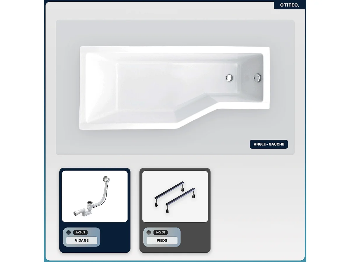 Baignoire asymétrique - 150 x 75 cm - Gauche - sans Habillage - avec Pieds - Vidage Chrome - INTEGRA