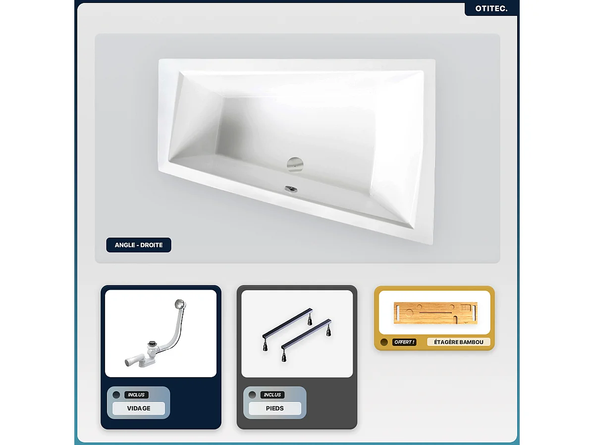 Baignoire asymétrique - 180 x 125 cm - Droite - sans Habillage - avec Pieds - Étagère bambou - Vidage Chrome - INTIMA DUO