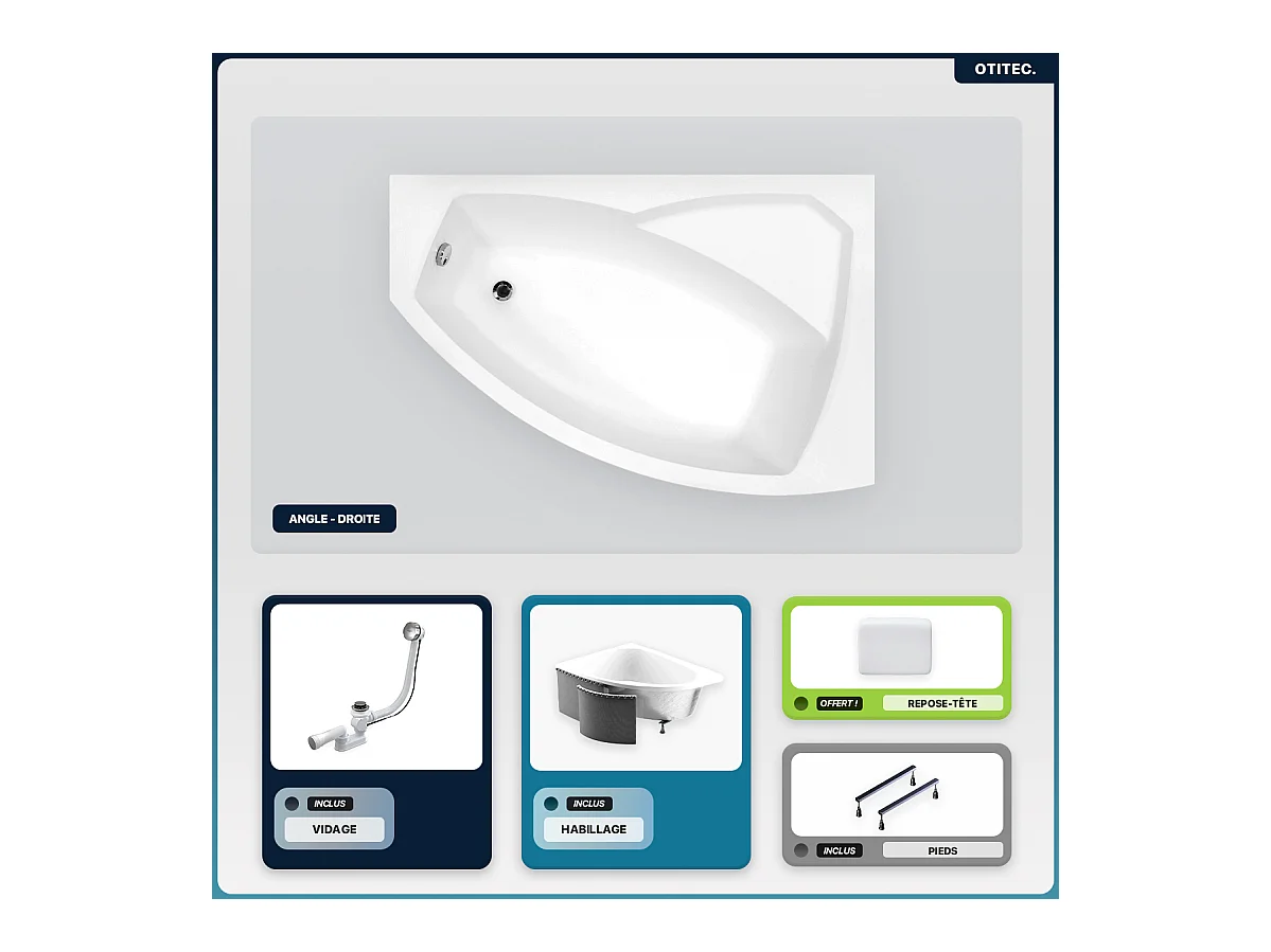 Baignoire asymétrique - 170 x 110 cm - Droite - avec Habillage - Pieds - Repose-tête - Vidage Chrome - RIMA