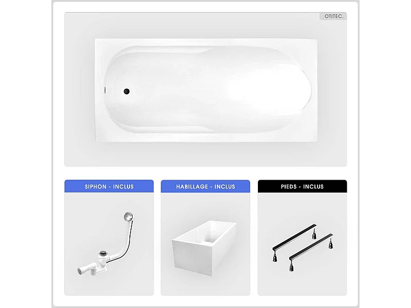 Baignoire rectangulaire - 190 x 80 cm - avec Habillage Polystyrène - Pieds - Vidage Chrome - BONA