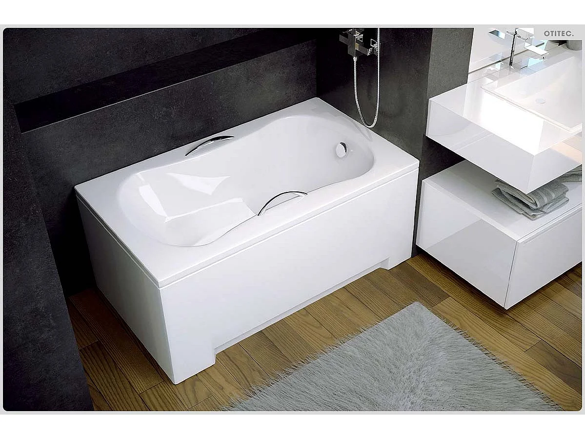 Baignoire rectangulaire - 120 x 70 cm - avec Habillage Polystyrène - Pieds - Poignées - Vidage Chrome - ARIA REHAB