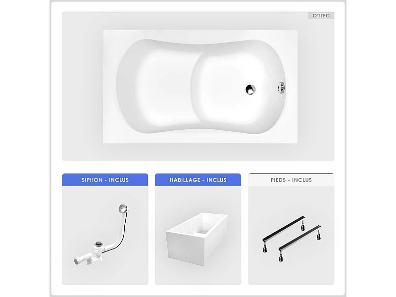 Baignoire rectangulaire - 120 x 70 cm - avec Habillage Polystyrène - Pieds - Poignées - Vidage Chrome - ARIA REHAB