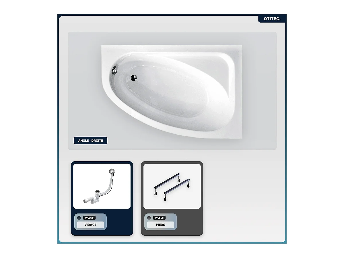 Baignoire asymétrique - 140 x 80 cm - Droite - sans Habillage - avec Pieds - Vidage Chrome - CORNEA