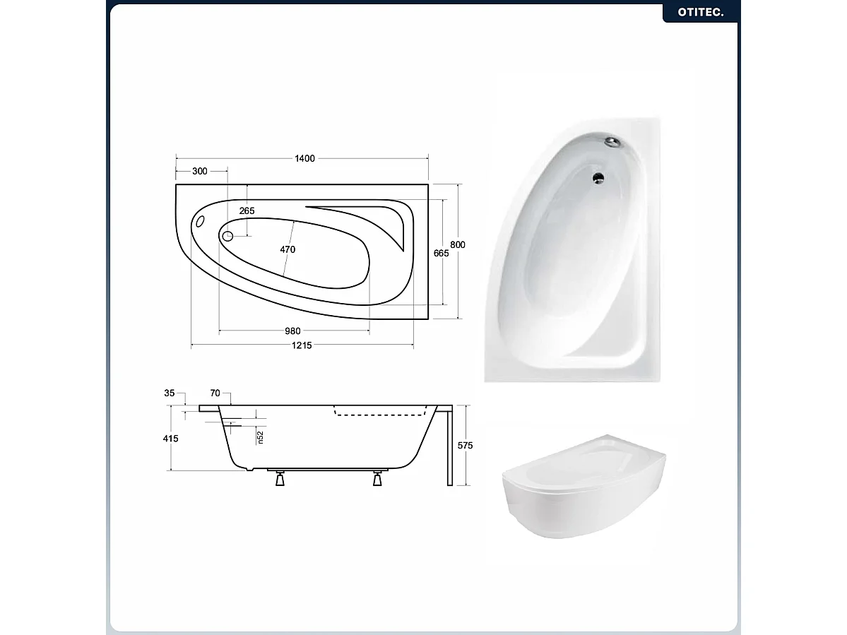 Baignoire asymétrique - 140 x 80 cm - Droite - sans Habillage - avec Pieds - Vidage Chrome - CORNEA