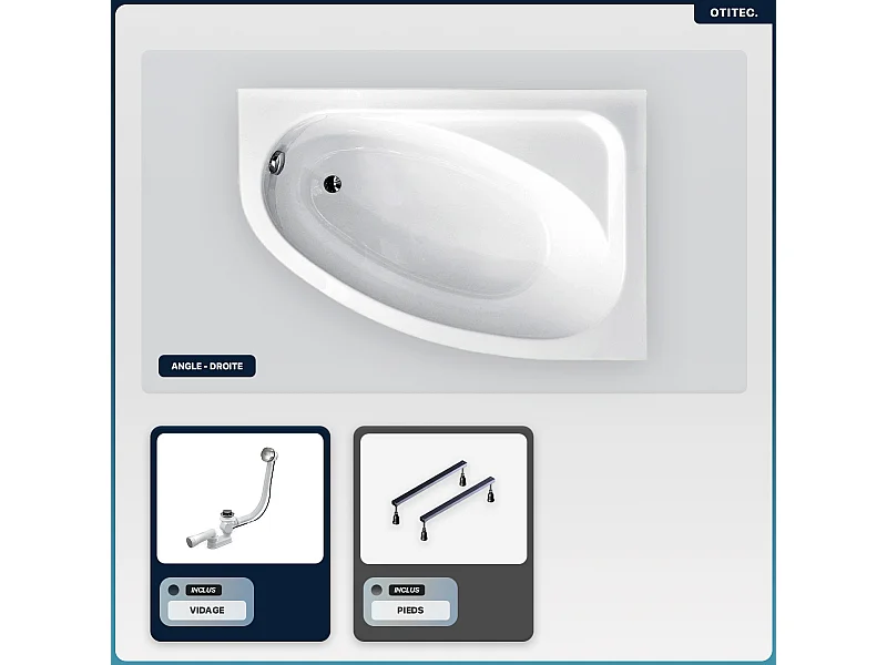 Baignoire asymétrique - 140 x 80 cm - Droite - sans Habillage - avec Pieds - Vidage Chrome - CORNEA