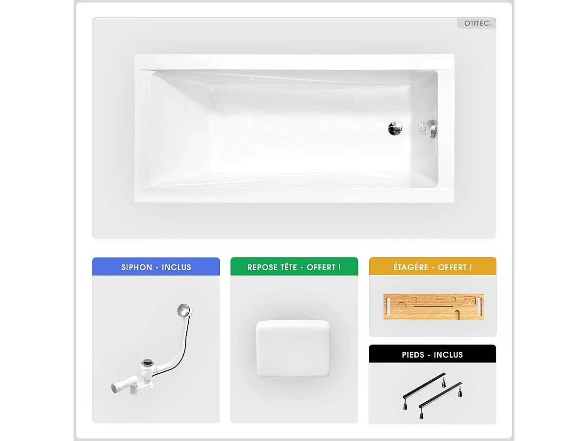 Baignoire rectangulaire - 120 x 70 cm - sans Habillage - avec Pieds - Repose-tête - Étagère bambou - Vidage Chrome - MODERN