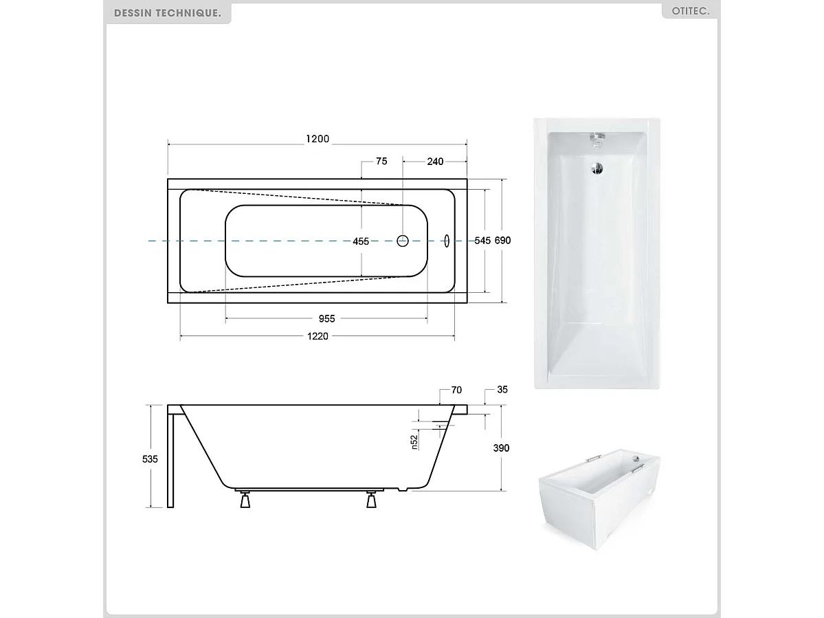 Baignoire rectangulaire - 120 x 70 cm - sans Habillage - avec Pieds - Repose-tête - Étagère bambou - Vidage Chrome - MODERN