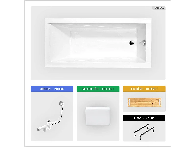 Baignoire rectangulaire - 120 x 70 cm - sans Habillage - avec Pieds - Repose-tête - Étagère bambou - Vidage Chrome - MODERN