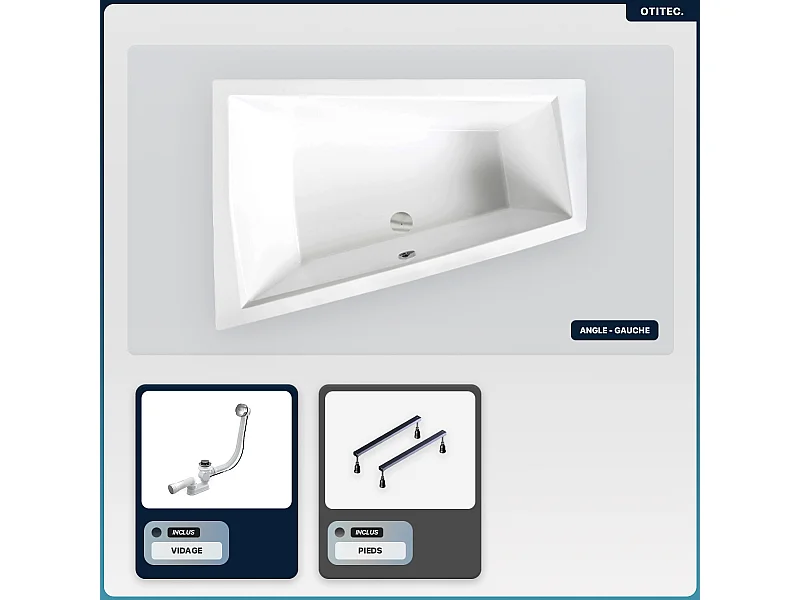 Baignoire asymétrique - 180 x 125 cm - Gauche - sans Habillage - avec Pieds - Vidage Chrome - INTIMA DUO SLIM