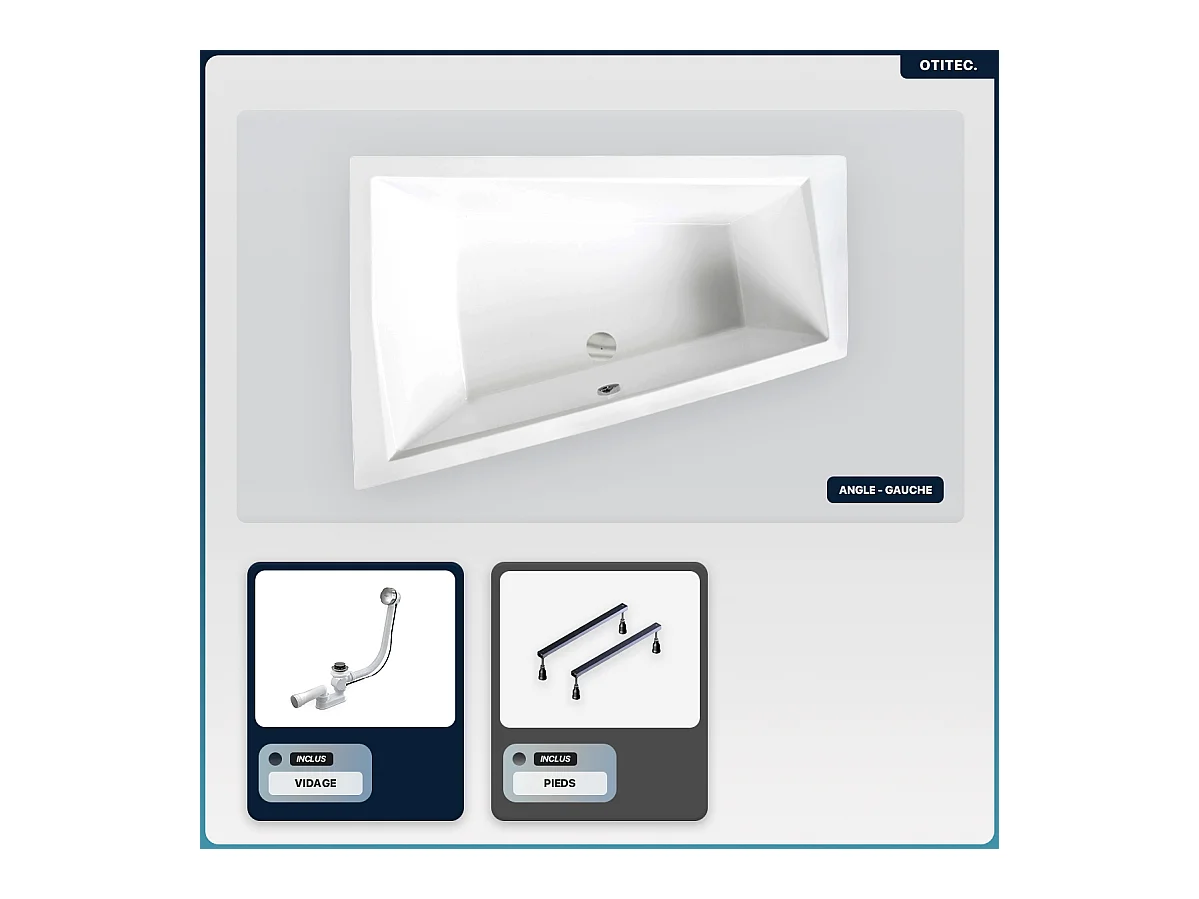 Baignoire asymétrique - 180 x 125 cm - Gauche - sans Habillage - avec Pieds - Vidage Chrome - INTIMA DUO SLIM