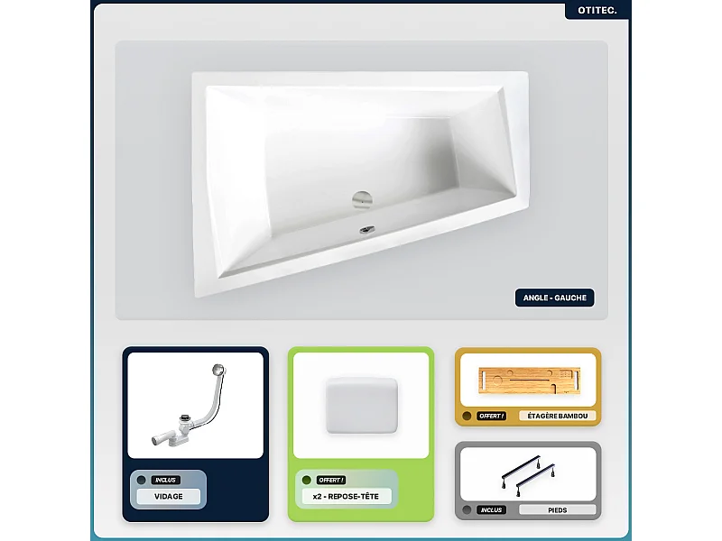 Baignoire asymétrique - 180 x 125 cm - Gauche - sans Habillage - avec Pieds - 2 Repose-têtes - Étagère bambou - Vidage Chrome - INTIMA DUO