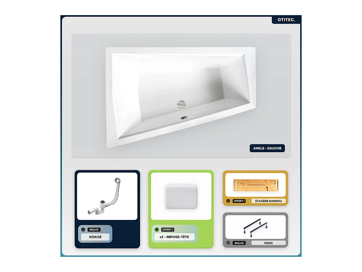 Baignoire asymétrique - 180 x 125 cm - Gauche - sans Habillage - avec Pieds - 2 Repose-têtes - Étagère bambou - Vidage Chrome - INTIMA DUO