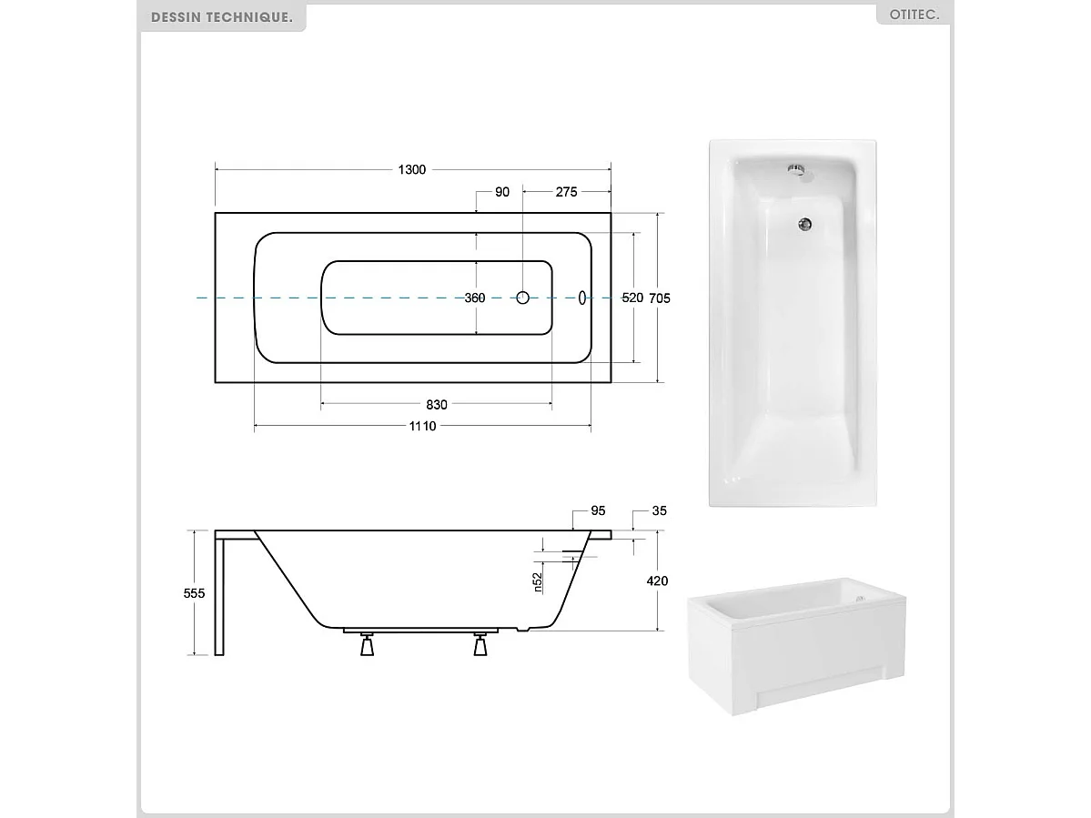 Baignoire rectangulaire - 130 x 70 cm - avec Habillage Polystyrène - Pieds - Vidage Chrome - TALIA