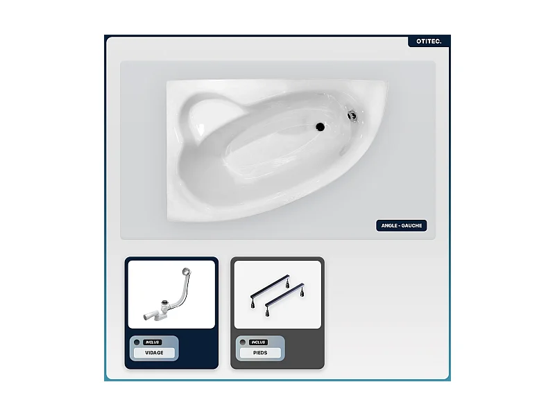Baignoire asymétrique - 150 x 100 cm - Gauche - avec Tablier - Pieds - Vidage Chrome - NATALIA