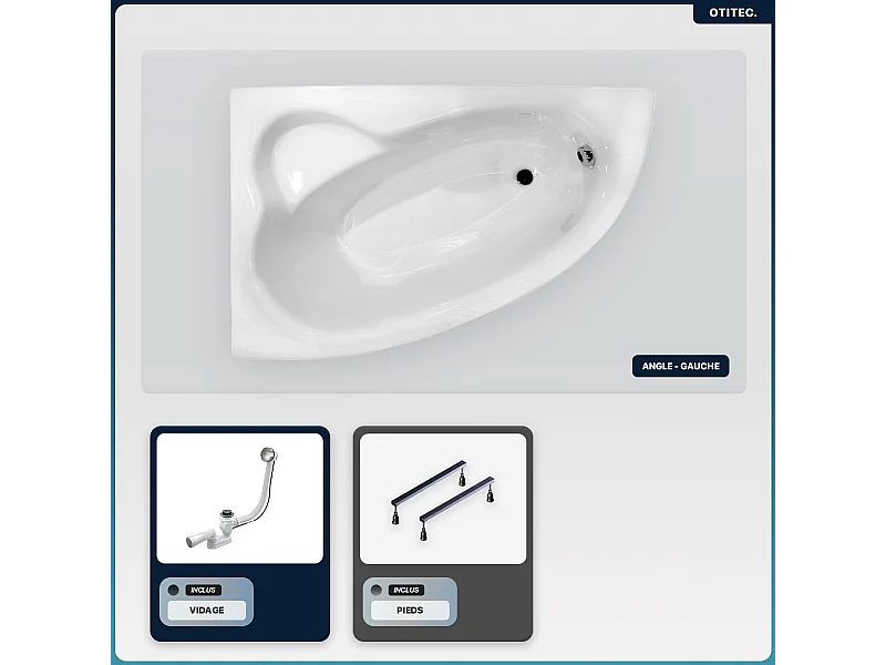 Baignoire asymétrique - 150 x 100 cm - Gauche - avec Tablier - Pieds - Vidage Chrome - NATALIA