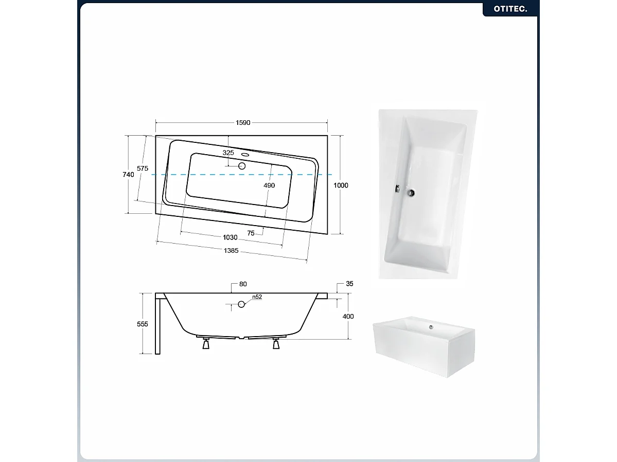 Baignoire asymétrique - 160 x 100 cm - Droite - sans Habillage - avec Pieds - Vidage Chrome - INFINITY