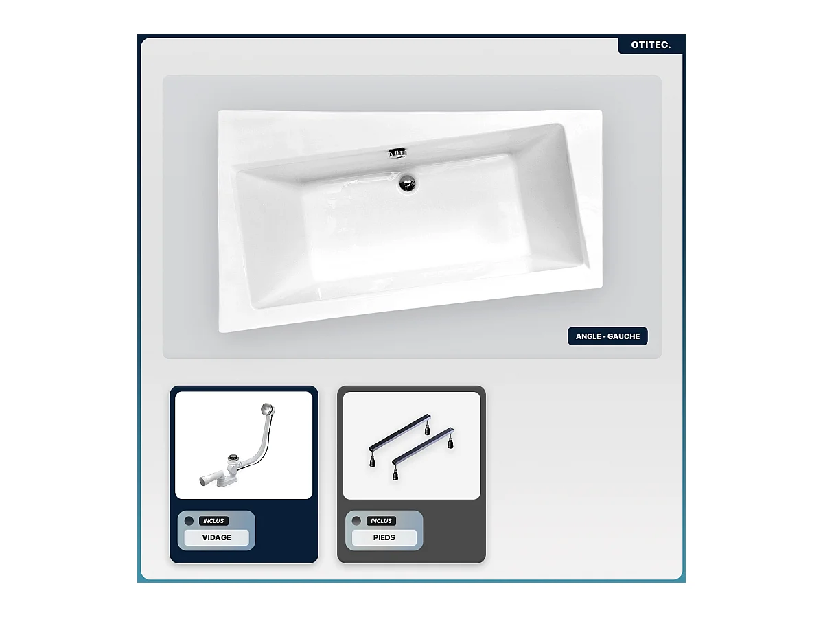 Baignoire asymétrique - 150 x 90 cm - Gauche - sans Habillage - avec Pieds - Vidage Chrome - INFINITY