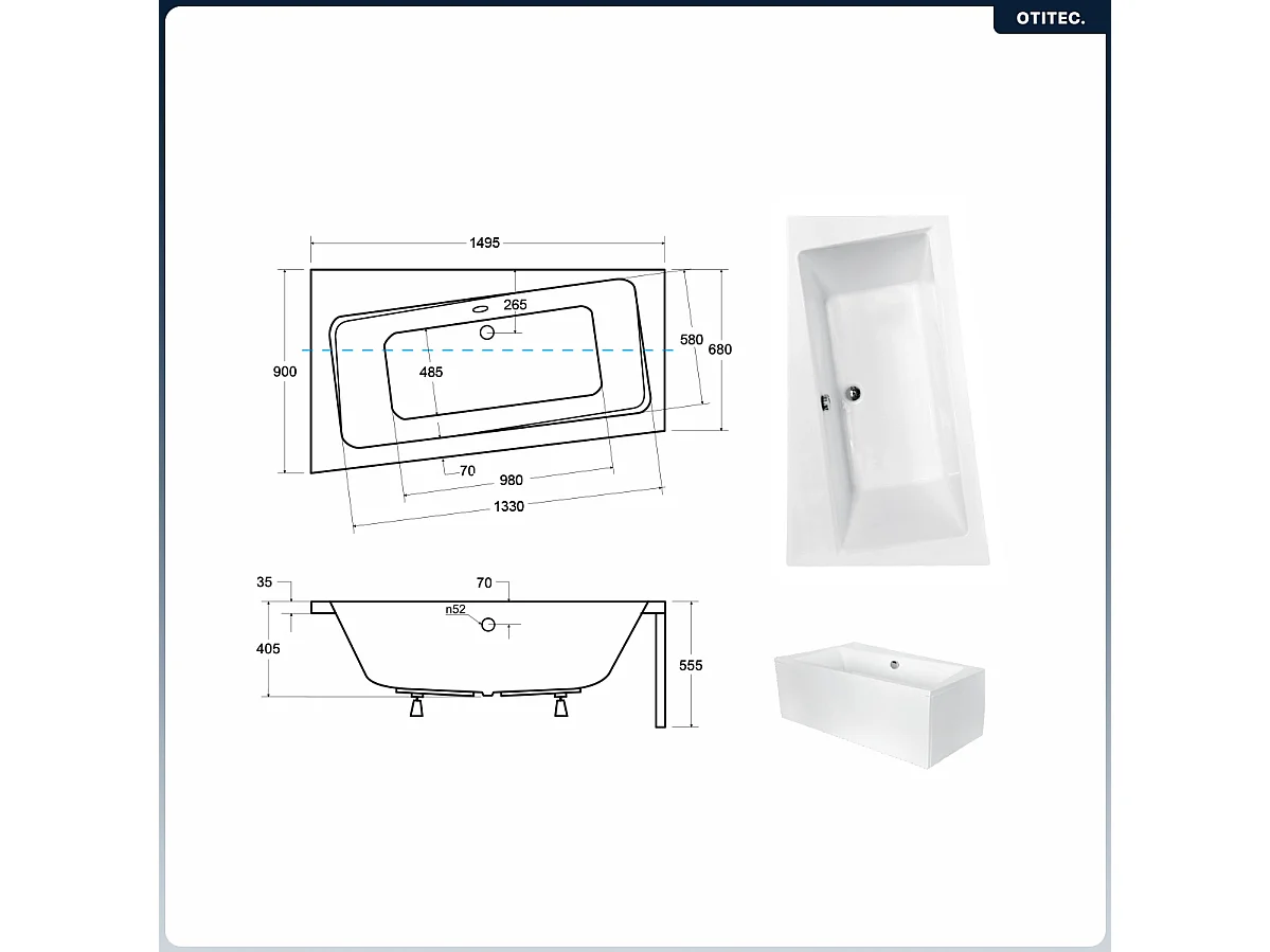 Baignoire asymétrique - 150 x 90 cm - Gauche - sans Habillage - avec Pieds - Vidage Chrome - INFINITY