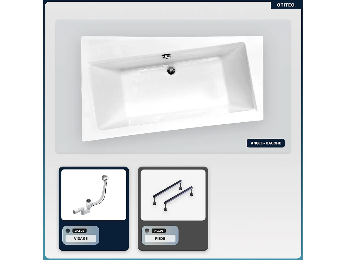 Baignoire asymétrique - 150 x 90 cm - Gauche - sans Habillage - avec Pieds - Vidage Chrome - INFINITY