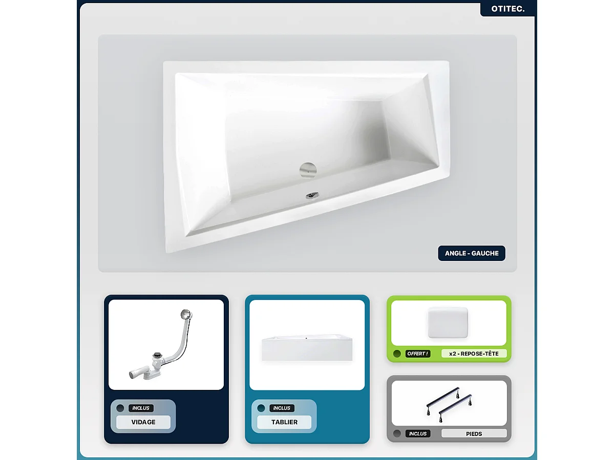 Baignoire asymétrique - 180 x 125 cm - Gauche - avec Tablier - Pieds - 2 Repose-têtes - Vidage Chrome - INTIMA DUO