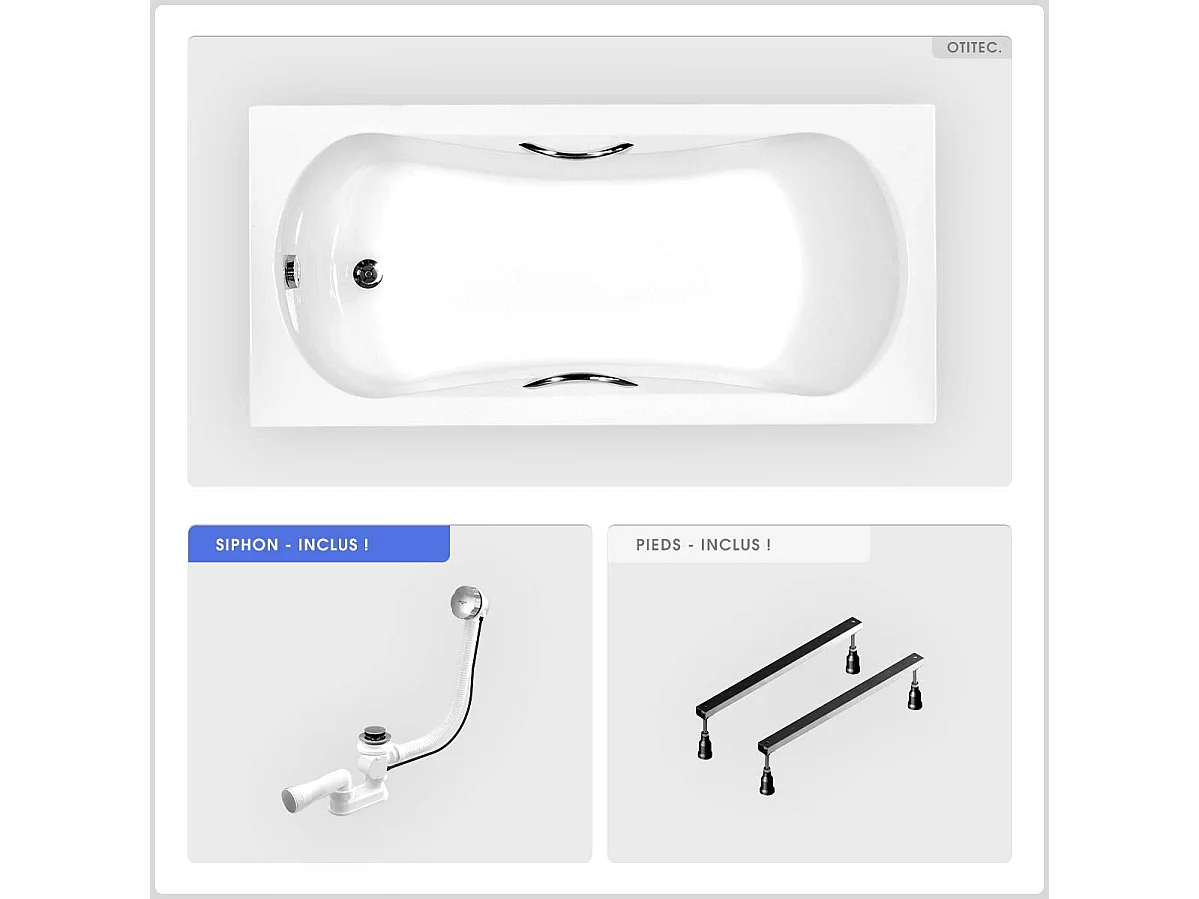 Baignoire rectangulaire - 170 x 70 cm - sans Habillage - avec Pieds - Poignées - Vidage Chrome - ARIA PLUS