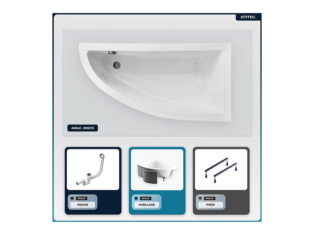 Baignoire asymétrique - 150 x 70 cm - Droite - avec Habillage - Pieds - Vidage Chrome - PRAKTIKA