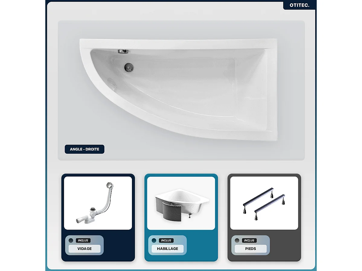 Baignoire asymétrique - 150 x 70 cm - Droite - avec Habillage - Pieds - Vidage Chrome - PRAKTIKA