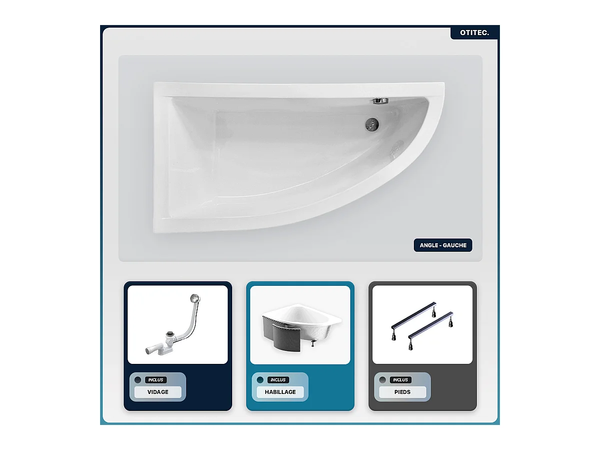 Baignoire asymétrique - 140 x 70 cm - Gauche - avec Habillage - Pieds - Vidage Chrome - PRAKTIKA