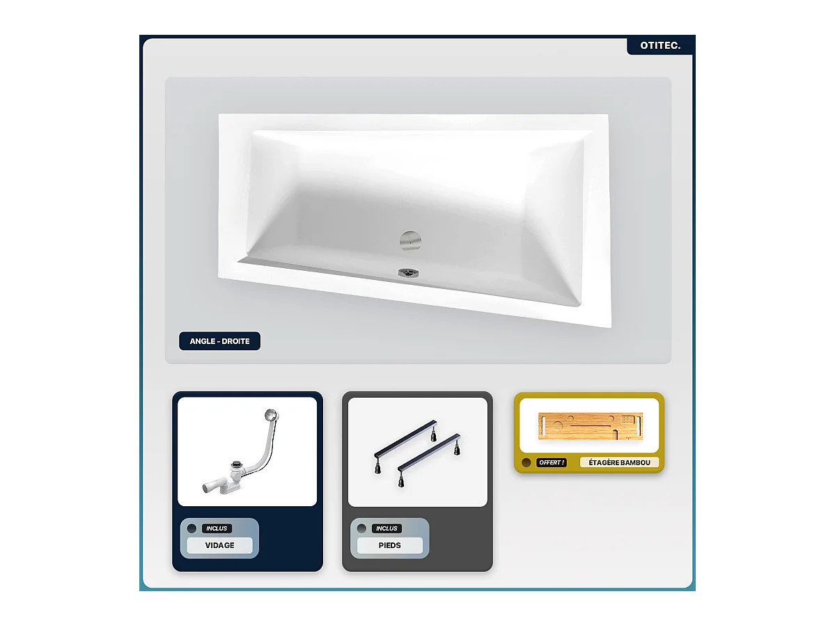 Baignoire asymétrique - 150 x 85 cm - Droite - sans Habillage - avec Pieds - Étagère bambou - Vidage Chrome - INTIMA