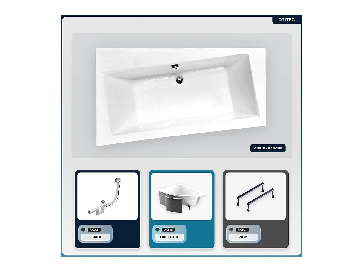 Baignoire asymétrique - 160 x 100 cm - Gauche - avec Habillage - Pieds - Vidage Chrome - INFINITY