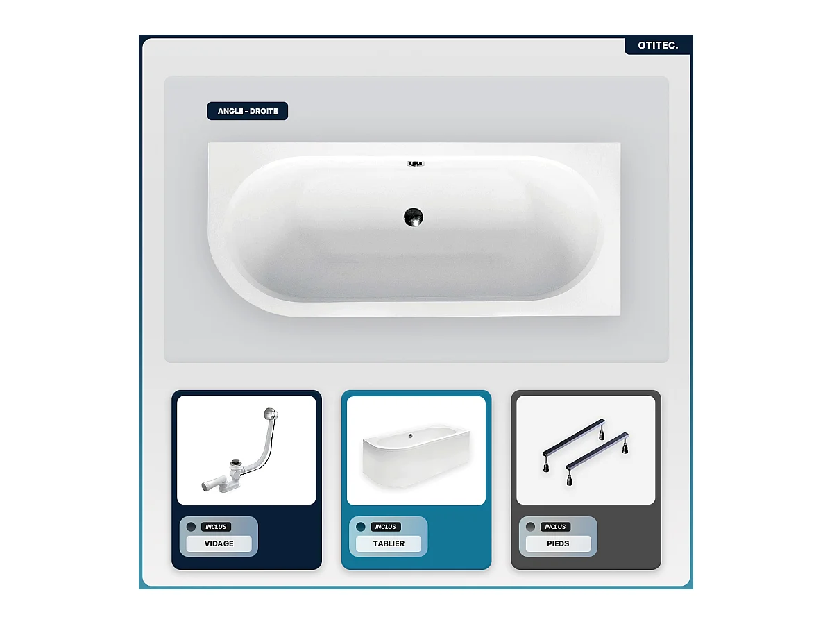 Baignoire asymétrique - 180 x 80 cm - Droite - avec Tablier Blanc - Pieds - Vidage Chrome - AVITA