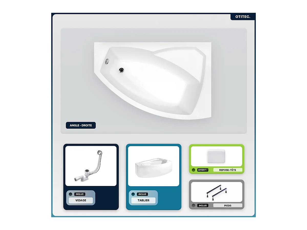 Baignoire asymétrique - 130 x 85 cm - Droite - avec Tablier - Pieds - Repose-tête - Vidage Chrome - RIMA