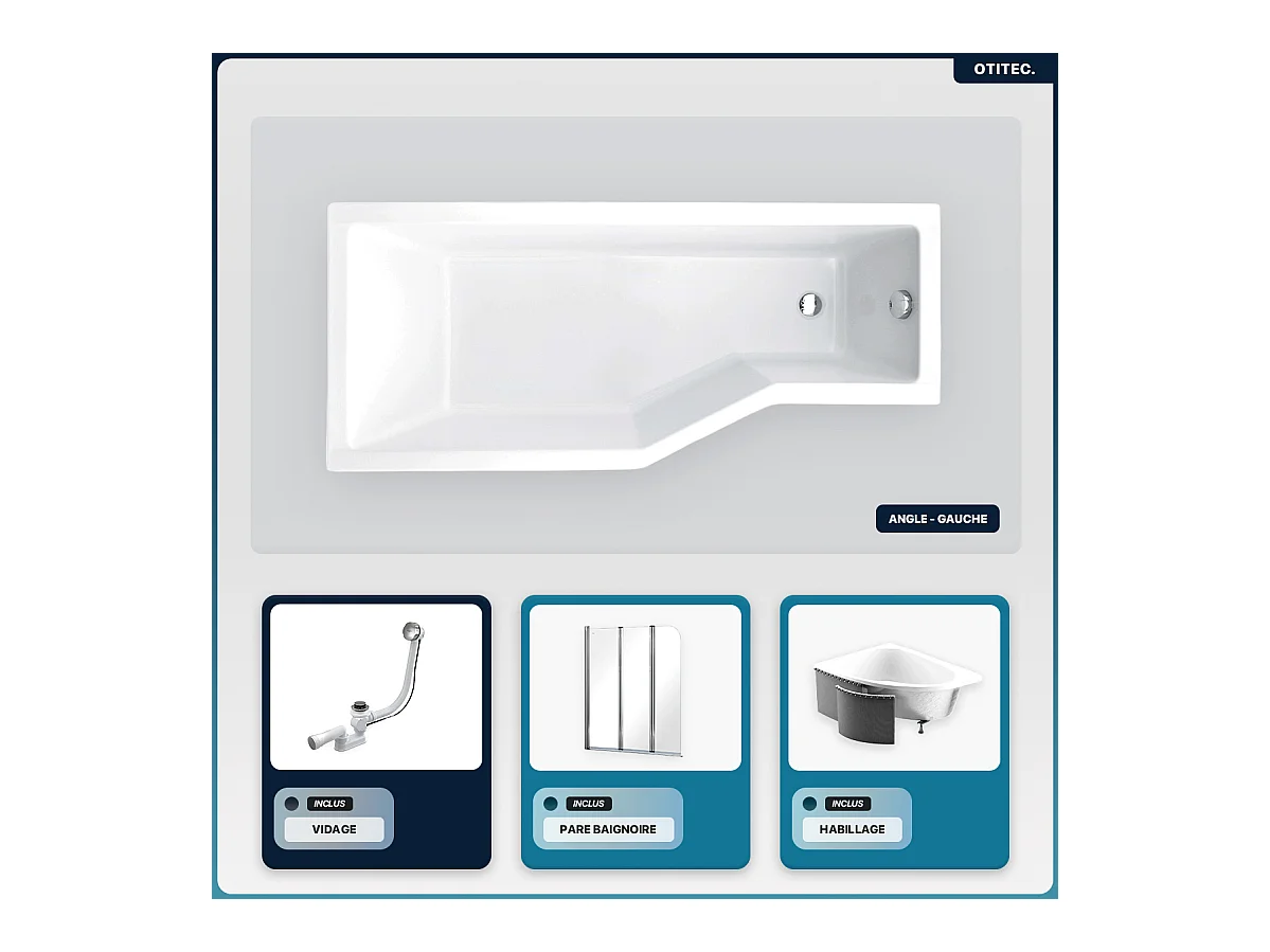 Baignoire asymétrique - 170 x 75 cm - Gauche - avec Habillage - Pieds - Pare Baignoire 3 Volets - Vidage Chrome - INTEGRA