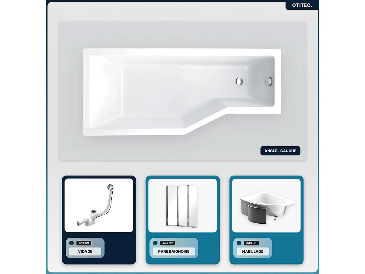Baignoire asymétrique - 170 x 75 cm - Gauche - avec Habillage - Pieds - Pare Baignoire 3 Volets - Vidage Chrome - INTEGRA