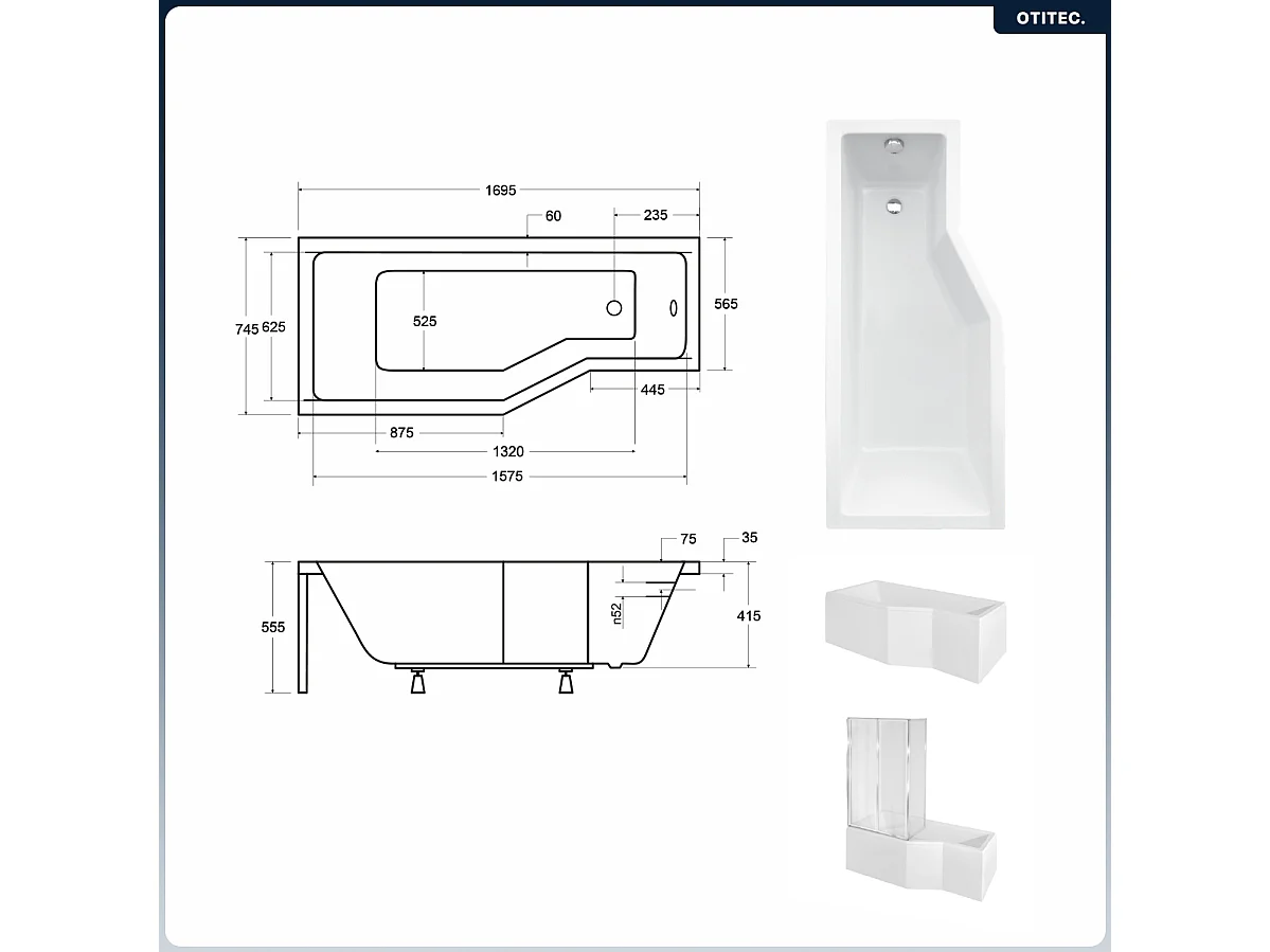 Baignoire asymétrique - 170 x 75 cm - Gauche - avec Habillage - Pieds - Pare Baignoire 3 Volets - Vidage Chrome - INTEGRA