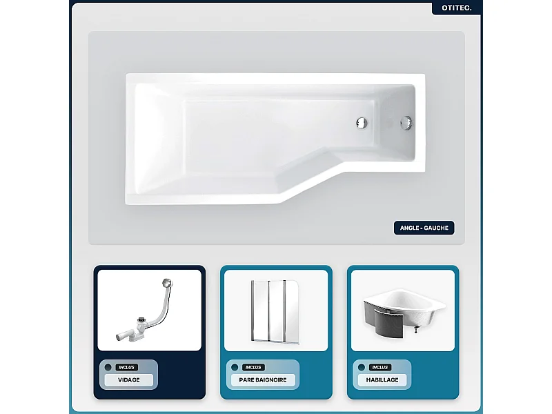 Baignoire asymétrique - 170 x 75 cm - Gauche - avec Habillage - Pieds - Pare Baignoire 3 Volets - Vidage Chrome - INTEGRA